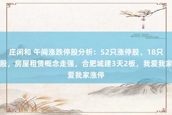庄闲和 午间涨跌停股分析：52只涨停股、18只跌停股，房屋租赁概念走强，合肥城建3天2板，我爱我家涨停
